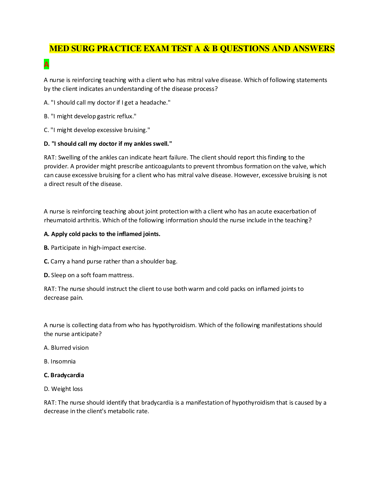 Preview image for MED SURG PRACTICE EXAM TEST A AND B QUESTIONS AND ANSWERS - REVISION GUIDE